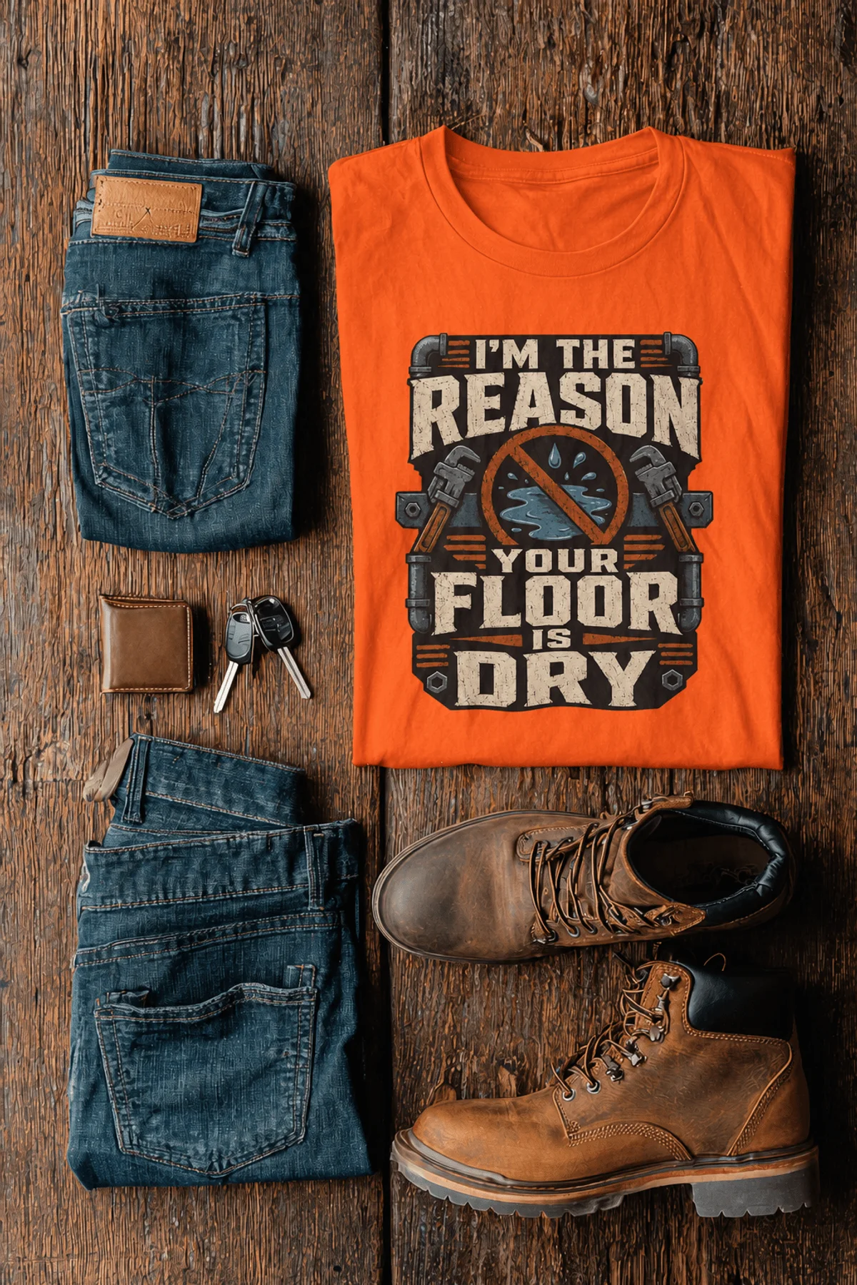 Plumber T‑Shirt – "I'm the Reason Your Floor Is Dry" Vintage Plumbing Tee — orange — Flat-lay Plumber T‑Shirt – "I'm the Reason Your Floor Is Dry" Vintage Plumbing Tee — orange t-shirt, flat-lay product photo | Pressure Tested Co