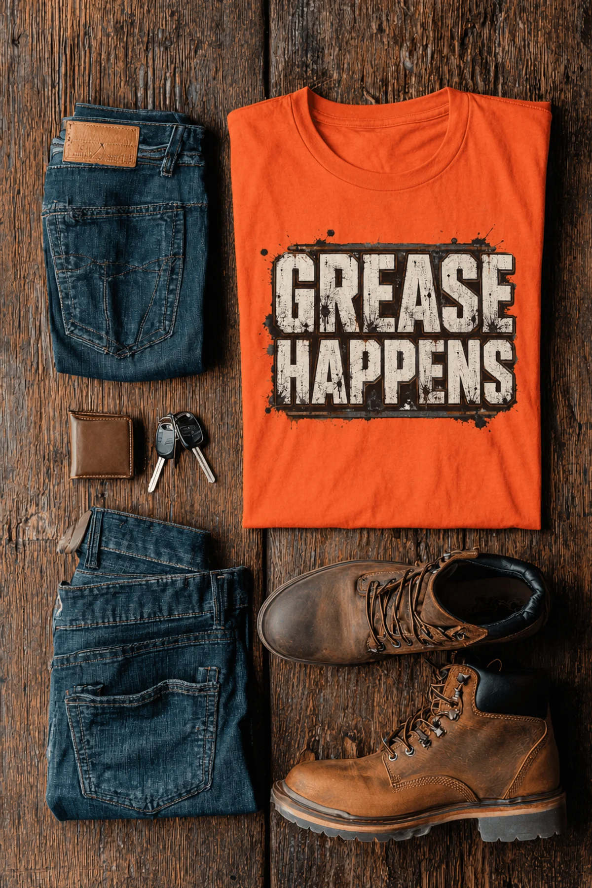 Grease Happens T-Shirt — Funny Mechanic Garage Tee — orange — Flat-lay Grease Happens T-Shirt — Funny Mechanic Garage Tee — orange t-shirt, flat-lay product photo | Pressure Tested Co