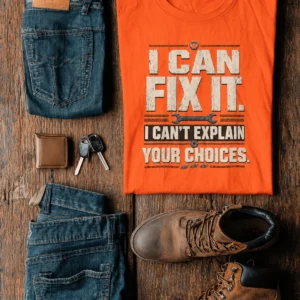 Sarcastic Mechanic T‑Shirt – "I Can Fix It. I Can't Explain Your Choices" Vintage Mechanic Shirt - DIY Repair Tee — orange t-shirt, flat-lay product photo | Pressure Tested Co