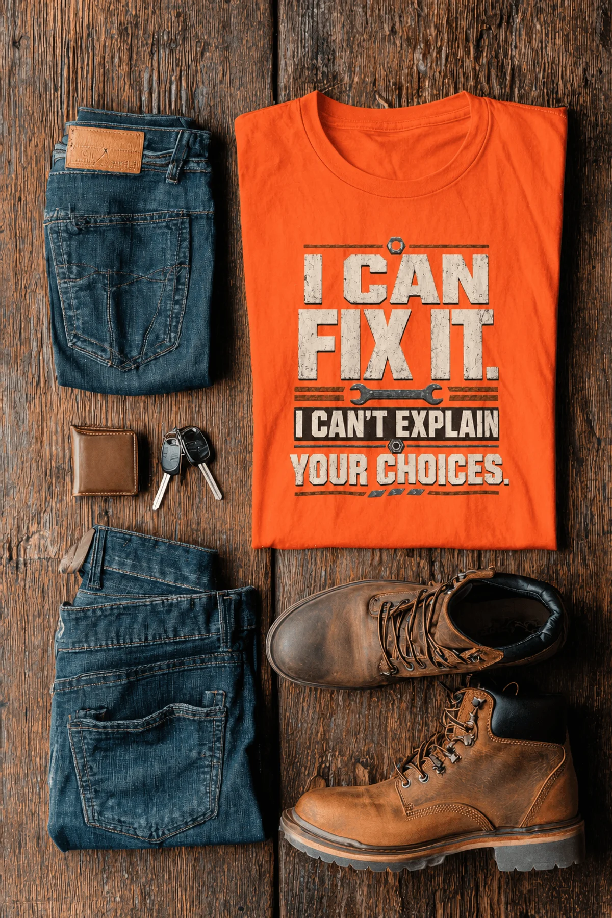 Sarcastic Mechanic T‑Shirt – "I Can Fix It. I Can't Explain Your Choices" Vintage Mechanic Shirt - DIY Repair Tee — orange t-shirt, flat-lay product photo | Pressure Tested Co