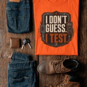 I Don't Guess I Test T-Shirt — Funny Tech Tee for Engineers and Electricians — orange t-shirt, flat-lay product photo | Pressure Tested Co