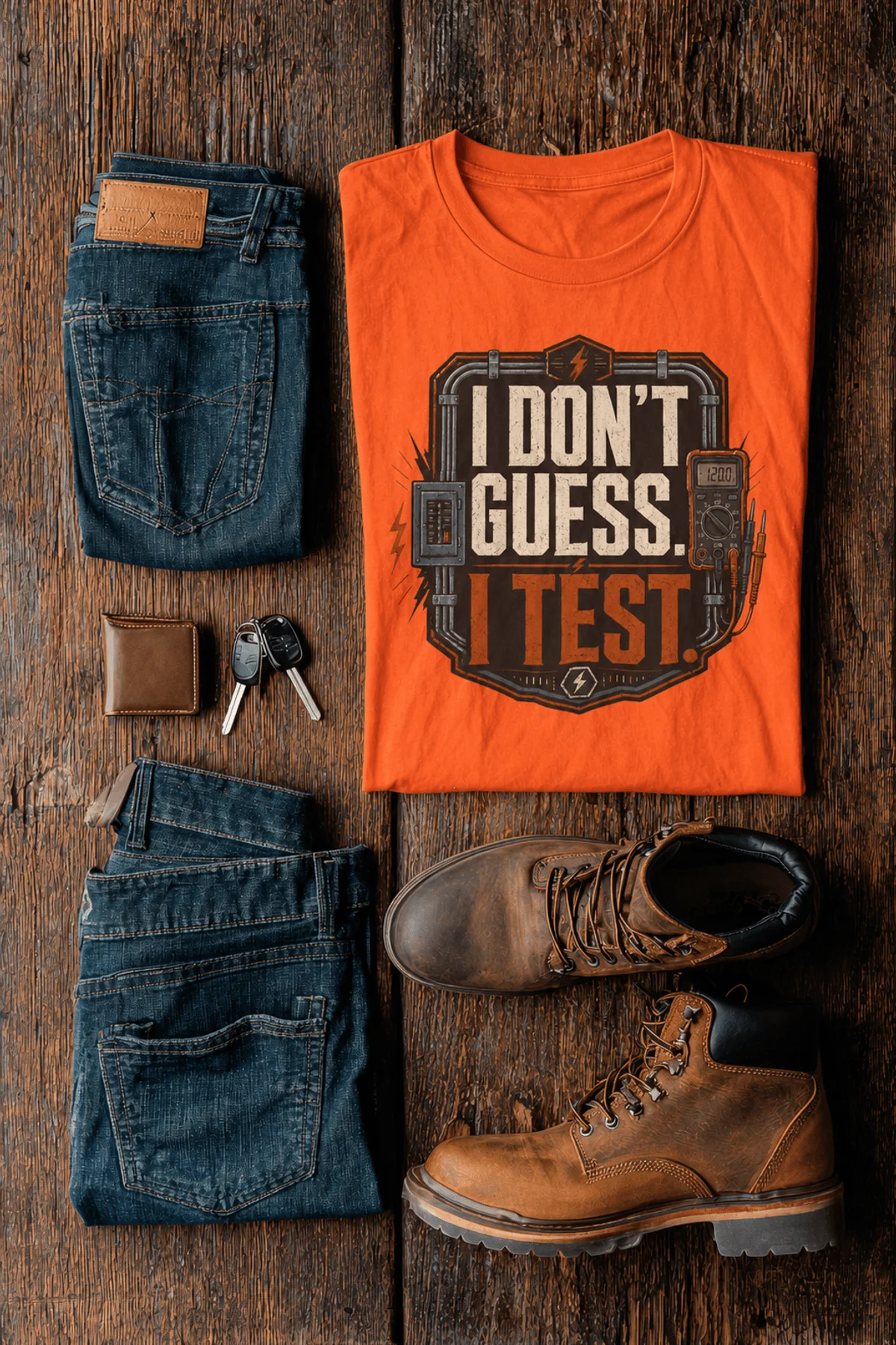 I Don't Guess I Test T-Shirt — Funny Tech Tee for Engineers and Electricians — orange — Flat-lay I Don't Guess I Test T-Shirt — Funny Tech Tee for Engineers and Electricians — orange t-shirt, flat-lay product photo | Pressure Tested Co