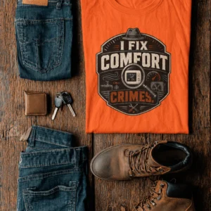 Funny HVAC Tech Tee "I Fix Comfort Crimes" — Furnace and Air Tech Work Tee — orange t-shirt, flat-lay product photo | Pressure Tested Co