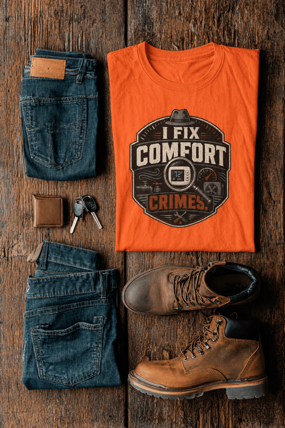 Funny HVAC Tech Tee "I Fix Comfort Crimes" — Furnace and Air Tech Work Tee — orange — Flat-lay Funny HVAC Tech Tee "I Fix Comfort Crimes" — Furnace and Air Tech Work Tee — orange t-shirt, flat-lay product photo | Pressure Tested Co