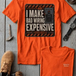 Funny Electrician Tech Tee - Back "I Make Bad Wiring Expensive" — Front "Wired For Success" Vintage Work Tee — orange t-shirt, flat-lay product photo | Pressure Tested Co