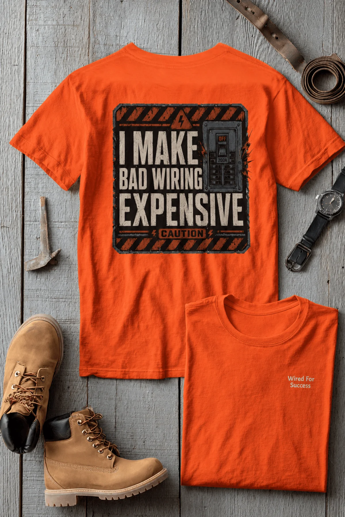 Funny Electrician Tech Tee - Back "I Make Bad Wiring Expensive" — Front "Wired For Success" Vintage Work Tee — orange — Flat-lay Funny Electrician Tech Tee - Back "I Make Bad Wiring Expensive" — Front "Wired For Success" Vintage Work Tee — orange t-shirt, flat-lay product photo | Pressure Tested Co