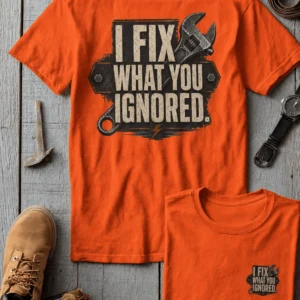 I Fix What You Ignored T-Shirt — Mechanic Wrench Tool Shirt for Technicians & DIYers — orange t-shirt, flat-lay product photo | Pressure Tested Co