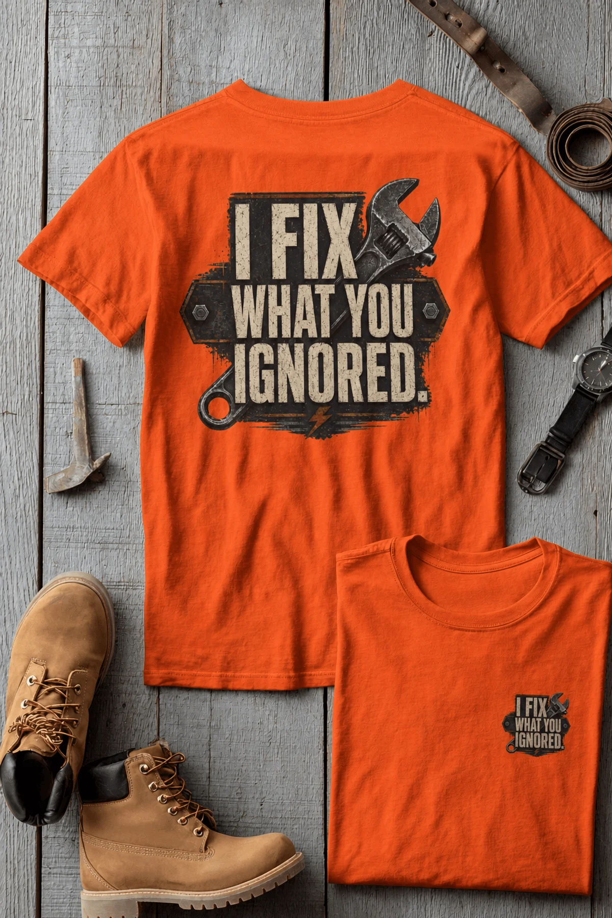 I Fix What You Ignored T-Shirt — Mechanic Wrench Tool Shirt for Technicians & DIYers — orange — Flat-lay I Fix What You Ignored T-Shirt — Mechanic Wrench Tool Shirt for Technicians & DIYers — orange t-shirt, flat-lay product photo | Pressure Tested Co
