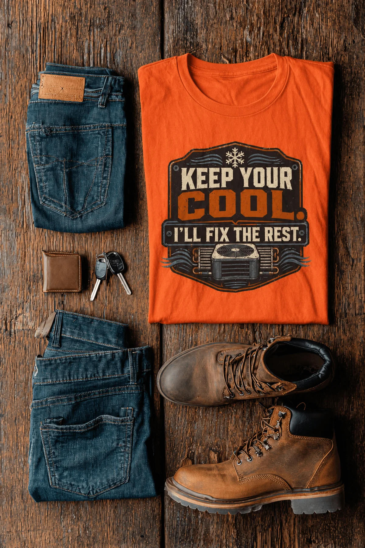Funny HVAC Tee Shirt "Keep Your Cool. I'll Fix The Rest." T-Shirt – Vintage GraphicTee — orange — Flat-lay Funny HVAC Tee Shirt "Keep Your Cool. I'll Fix The Rest." T-Shirt – Vintage GraphicTee — orange t-shirt, flat-lay product photo | Pressure Tested Co