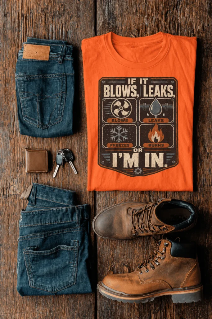 HVAC Technician T‑Shirt — "If It Blows, Leaks, Freezes or Burns I'm In" Retro Tradesmen Tee — orange t-shirt, flat-lay product photo | Pressure Tested Co