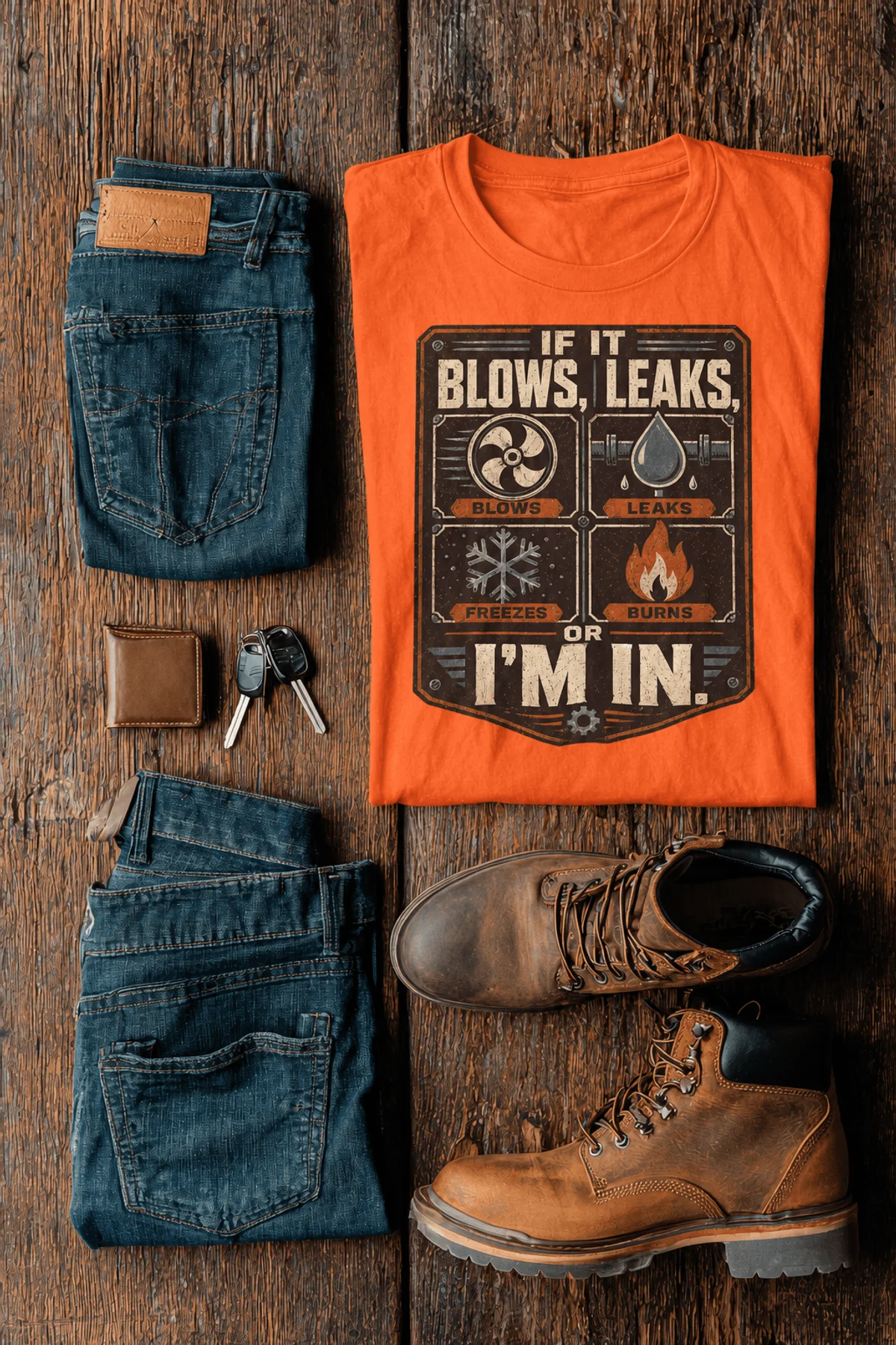 HVAC Technician T‑Shirt — "If It Blows, Leaks, Freezes or Burns I'm In" Retro Tradesmen Tee — orange — Flat-lay HVAC Technician T‑Shirt — "If It Blows, Leaks, Freezes or Burns I'm In" Retro Tradesmen Tee — orange t-shirt, flat-lay product photo | Pressure Tested Co