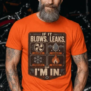HVAC Technician T‑Shirt — "If It Blows, Leaks, Freezes or Burns I'm In" Retro Tradesmen Tee — orange t-shirt, model photo | Pressure Tested Co