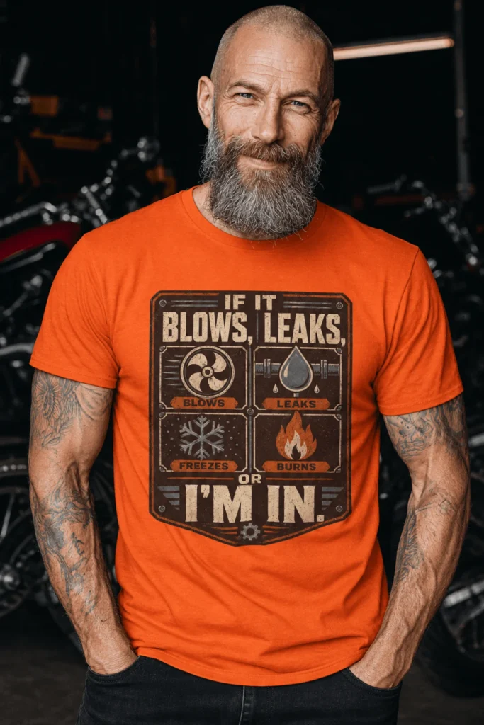 HVAC Technician T‑Shirt — "If It Blows, Leaks, Freezes or Burns I'm In" Retro Tradesmen Tee — orange t-shirt, model photo | Pressure Tested Co