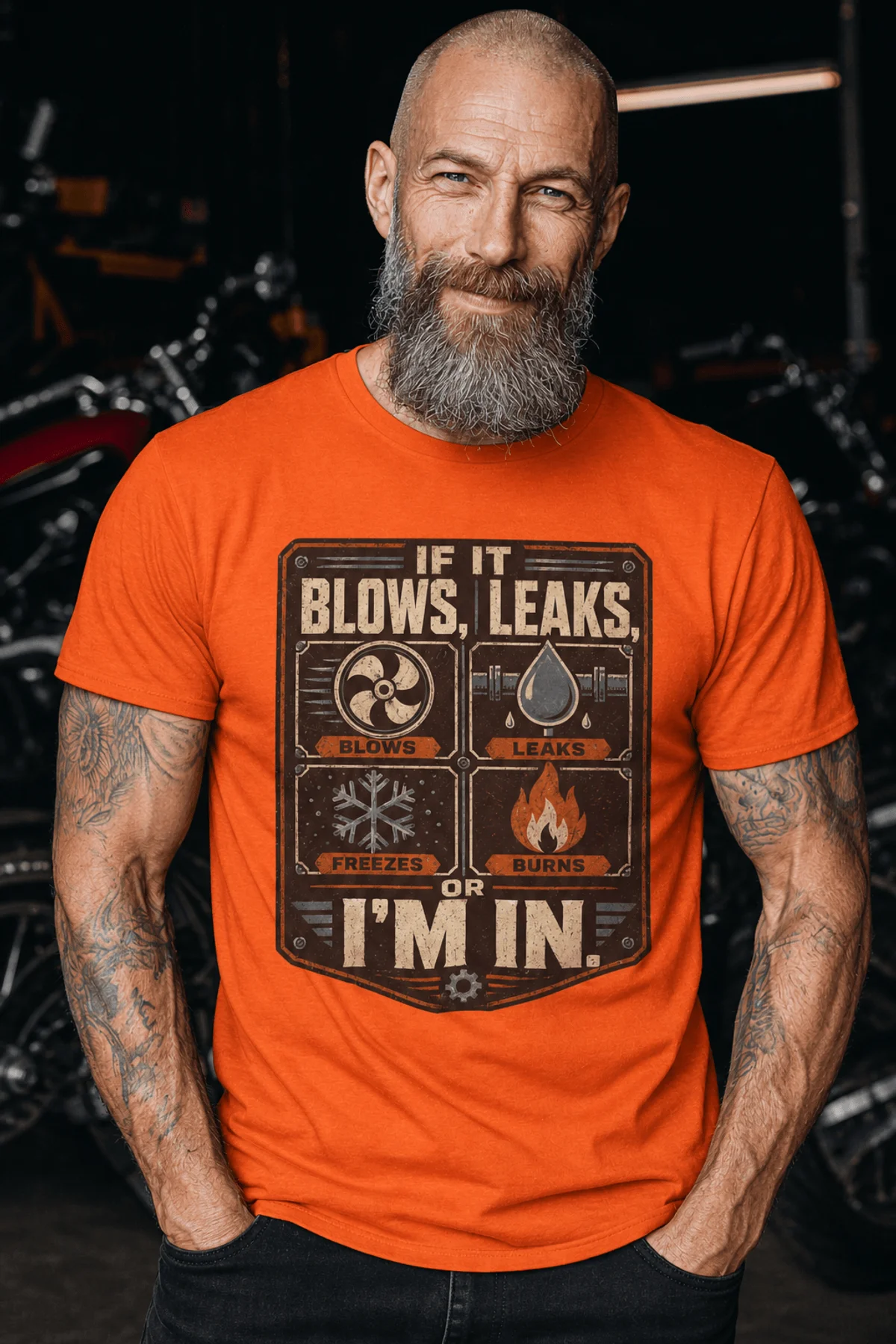 HVAC Technician T‑Shirt — "If It Blows, Leaks, Freezes or Burns I'm In" Retro Tradesmen Tee — orange — Model HVAC Technician T‑Shirt — "If It Blows, Leaks, Freezes or Burns I'm In" Retro Tradesmen Tee — orange t-shirt, model photo | Pressure Tested Co