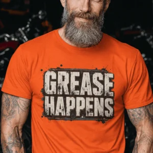 Grease Happens T-Shirt — Funny Mechanic Garage Tee — orange t-shirt, model photo | Pressure Tested Co