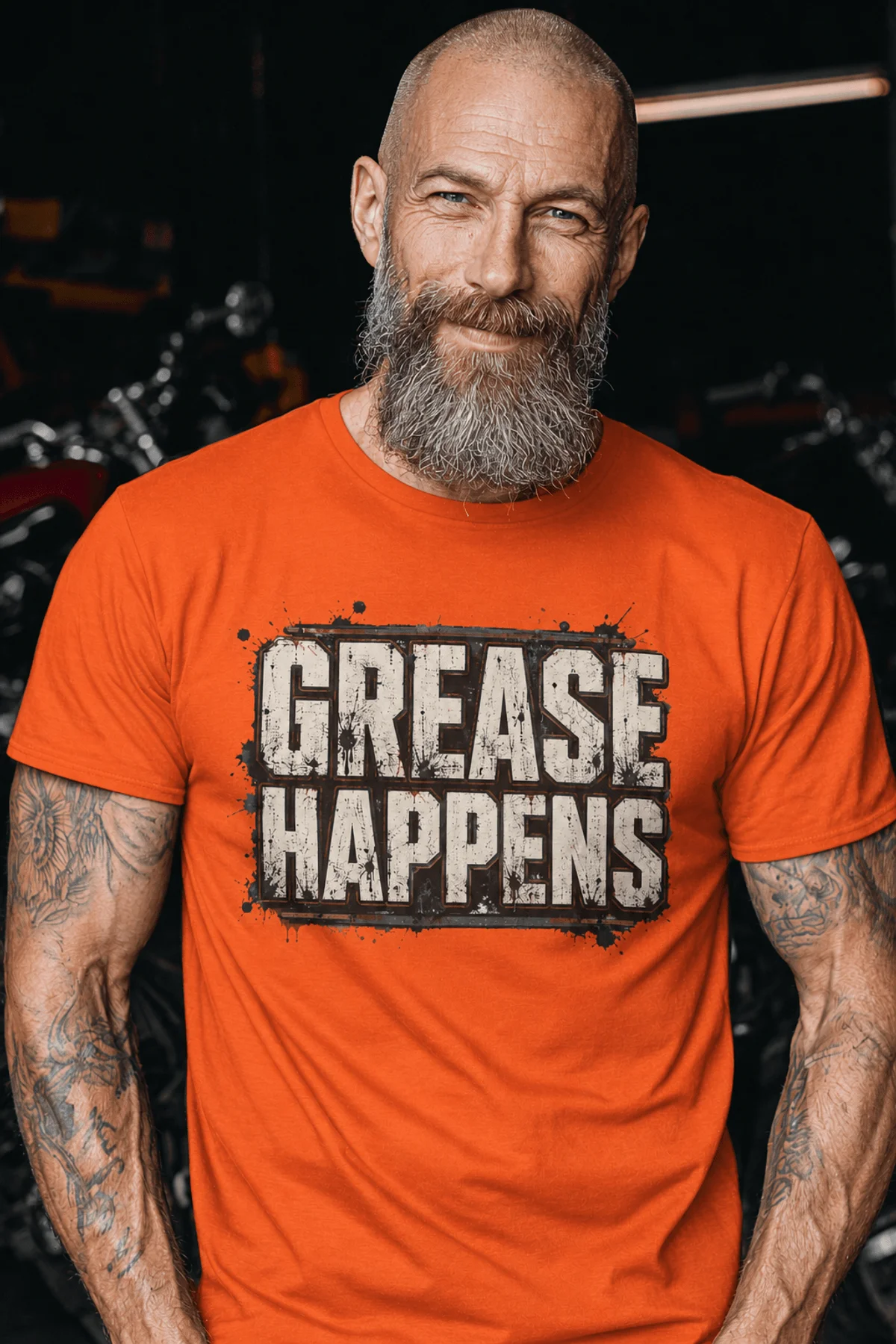 Grease Happens T-Shirt — Funny Mechanic Garage Tee — orange — Model Grease Happens T-Shirt — Funny Mechanic Garage Tee — orange t-shirt, model photo | Pressure Tested Co