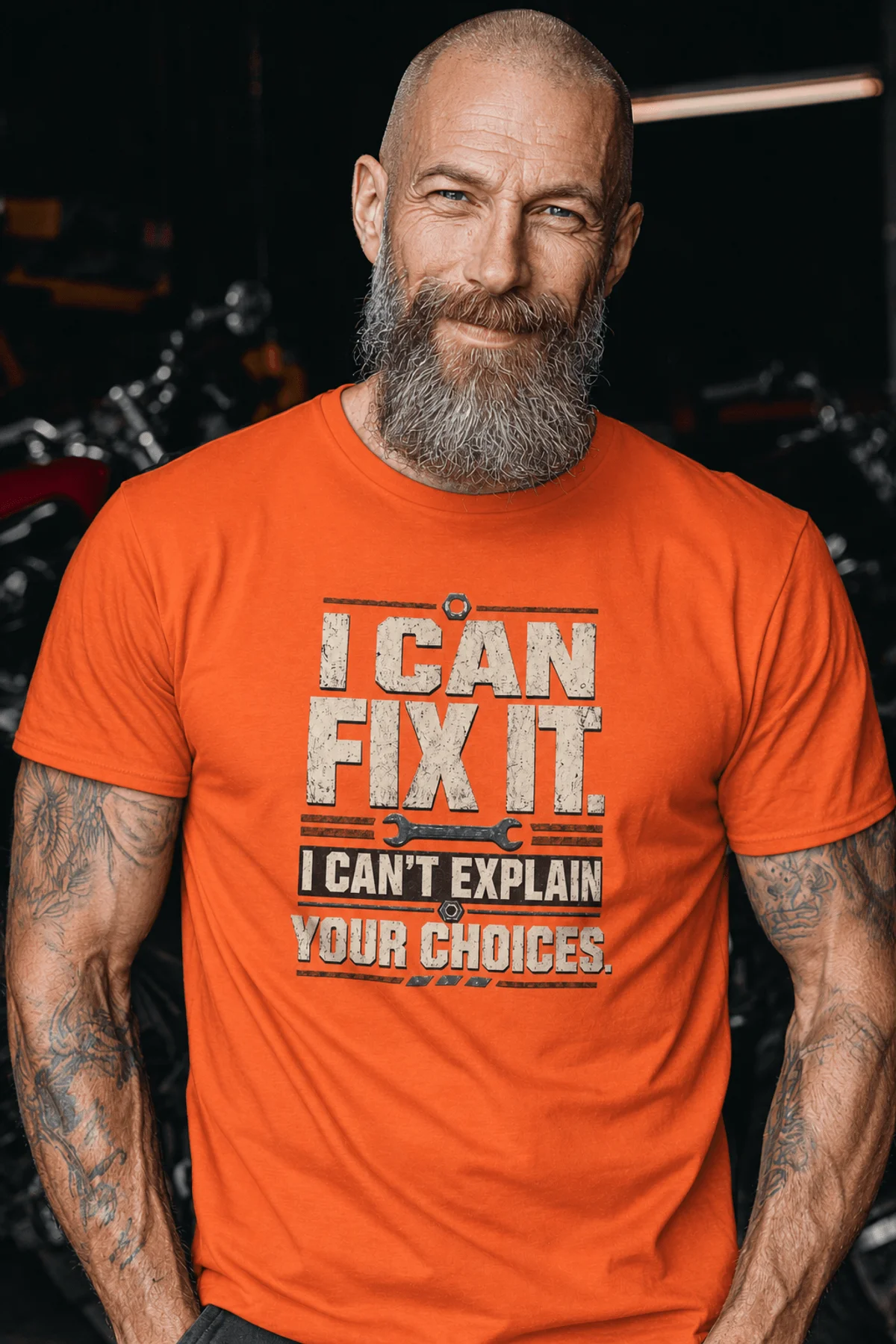 Sarcastic Mechanic T‑Shirt – "I Can Fix It. I Can't Explain Your Choices" Vintage Mechanic Shirt - DIY Repair Tee — orange t-shirt, model photo | Pressure Tested Co