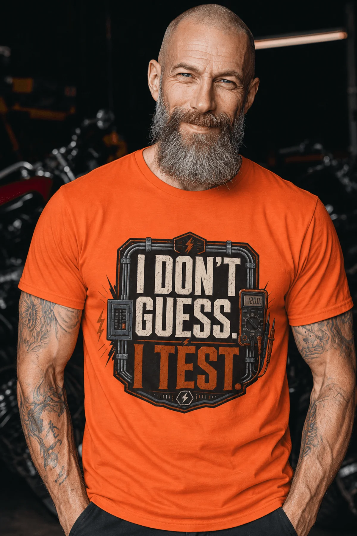 I Don't Guess I Test T-Shirt — Funny Tech Tee for Engineers and Electricians — orange — Model I Don't Guess I Test T-Shirt — Funny Tech Tee for Engineers and Electricians — orange t-shirt, model photo | Pressure Tested Co