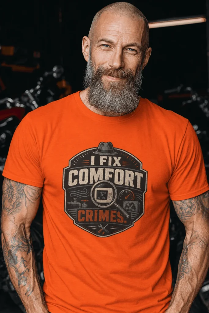 Funny HVAC Tech Tee "I Fix Comfort Crimes" — Furnace and Air Tech Work Tee — orange t-shirt, model photo | Pressure Tested Co