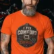 Funny HVAC Tech Tee "I Fix Comfort Crimes" — Furnace and Air Tech Work Tee — orange — Model Funny HVAC Tech Tee "I Fix Comfort Crimes" — Furnace and Air Tech Work Tee — orange t-shirt, model photo | Pressure Tested Co