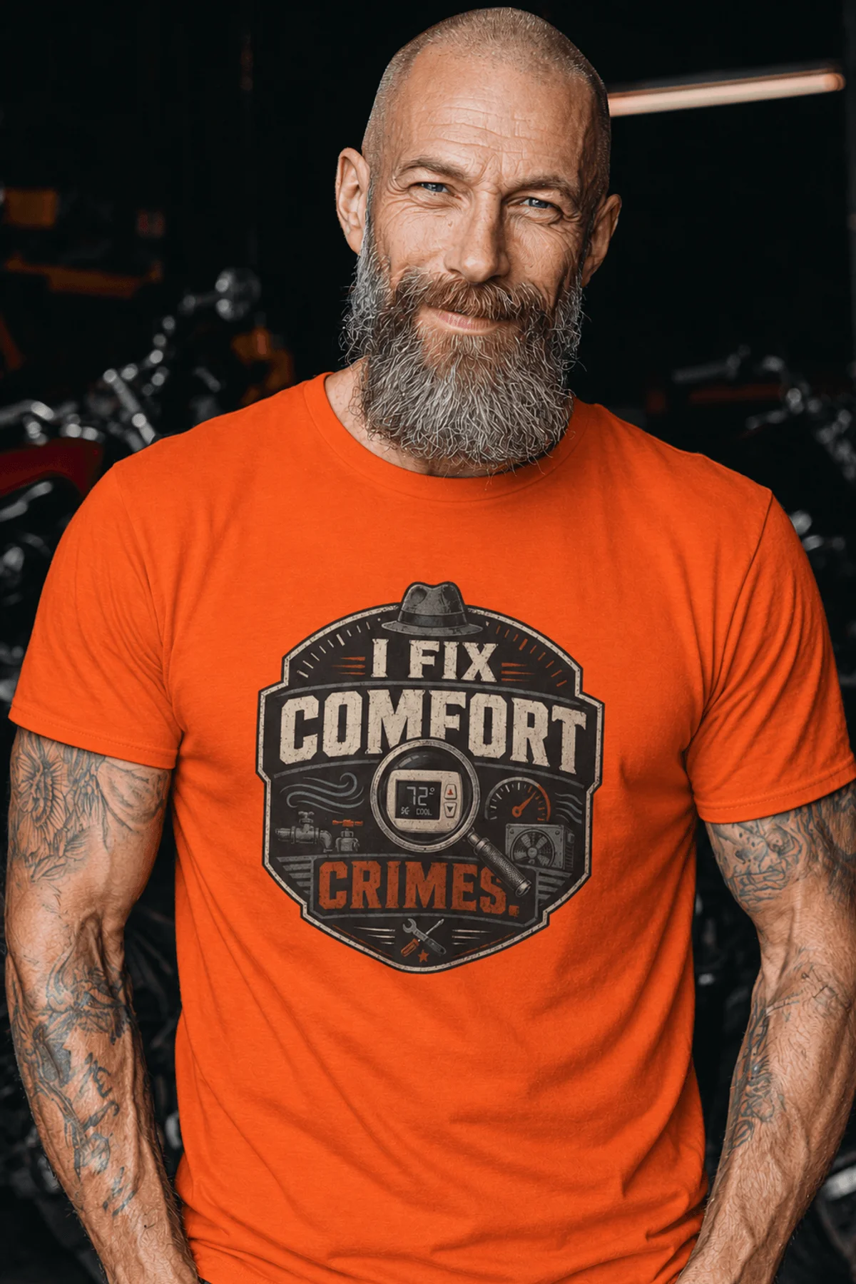 Funny HVAC Tech Tee "I Fix Comfort Crimes" — Furnace and Air Tech Work Tee — orange — Model Funny HVAC Tech Tee "I Fix Comfort Crimes" — Furnace and Air Tech Work Tee — orange t-shirt, model photo | Pressure Tested Co