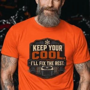 Funny HVAC Tee Shirt "Keep Your Cool. I'll Fix The Rest." T-Shirt – Vintage GraphicTee — orange t-shirt, model photo | Pressure Tested Co