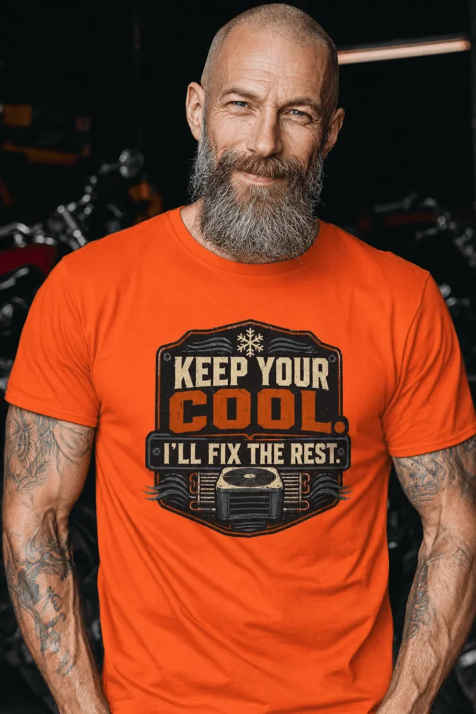 Funny HVAC Tee Shirt "Keep Your Cool. I'll Fix The Rest." T-Shirt – Vintage GraphicTee — orange t-shirt, model photo | Pressure Tested Co