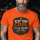Funny HVAC Tee Shirt "Keep Your Cool. I'll Fix The Rest." T-Shirt – Vintage GraphicTee — orange — Model Funny HVAC Tee Shirt "Keep Your Cool. I'll Fix The Rest." T-Shirt – Vintage GraphicTee — orange t-shirt, model photo | Pressure Tested Co