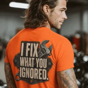 I Fix What You Ignored T-Shirt — Mechanic Wrench Tool Shirt for Technicians & DIYers — orange t-shirt, model photo | Pressure Tested Co