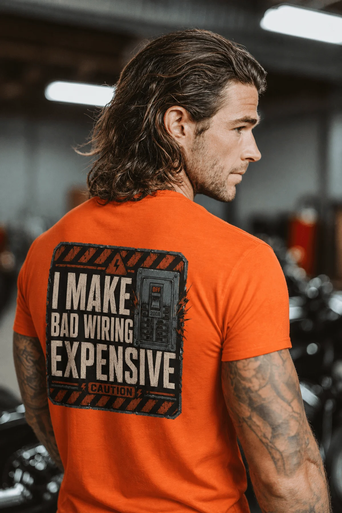Funny Electrician Tech Tee - Back "I Make Bad Wiring Expensive" — Front "Wired For Success" Vintage Work Tee — orange — Model Funny Electrician Tech Tee - Back "I Make Bad Wiring Expensive" — Front "Wired For Success" Vintage Work Tee — orange t-shirt, model photo | Pressure Tested Co