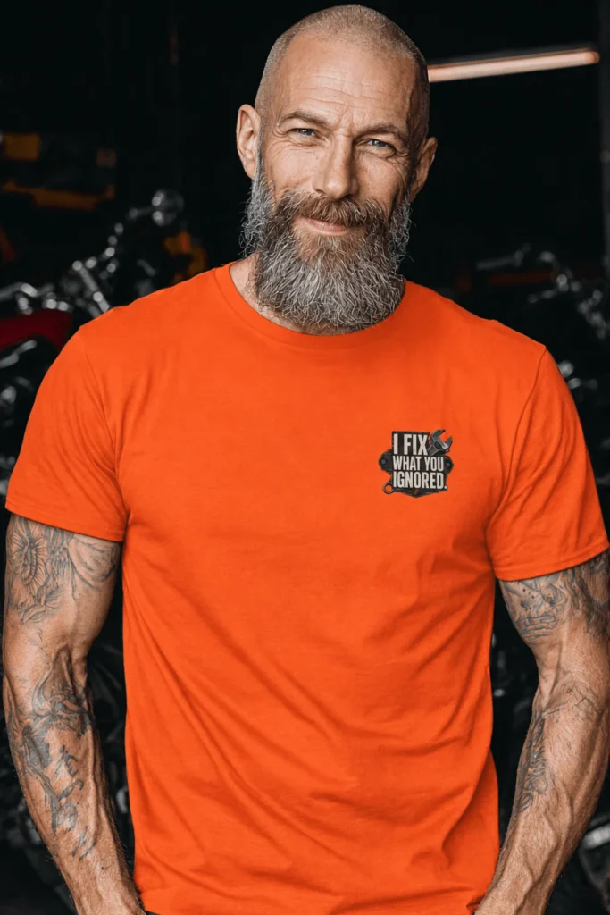 I Fix What You Ignored T-Shirt — Mechanic Wrench Tool Shirt for Technicians & DIYers — orange t-shirt, model photo | Pressure Tested Co