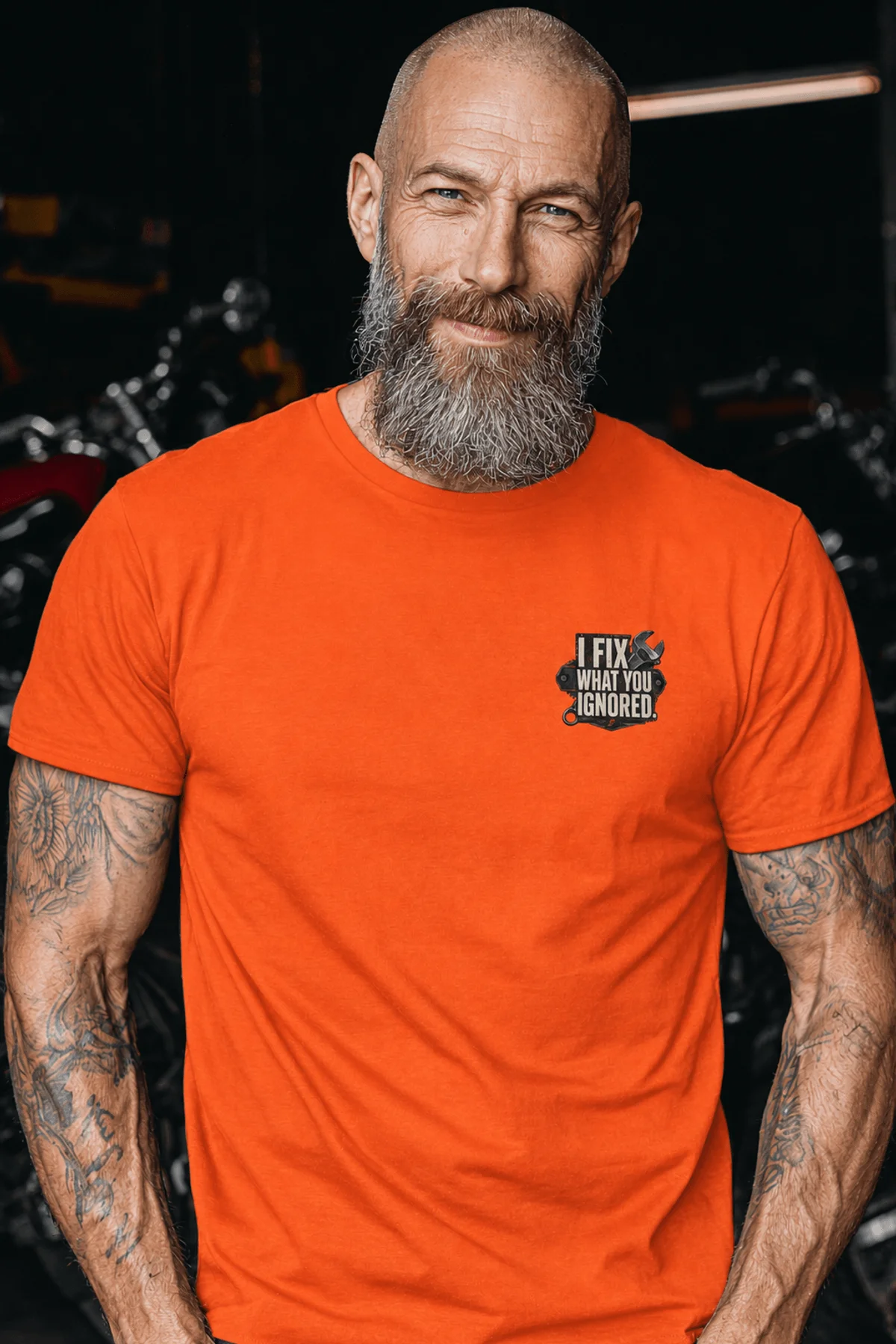 I Fix What You Ignored T-Shirt — Mechanic Wrench Tool Shirt for Technicians & DIYers — orange — Model I Fix What You Ignored T-Shirt — Mechanic Wrench Tool Shirt for Technicians & DIYers — orange t-shirt, model photo | Pressure Tested Co
