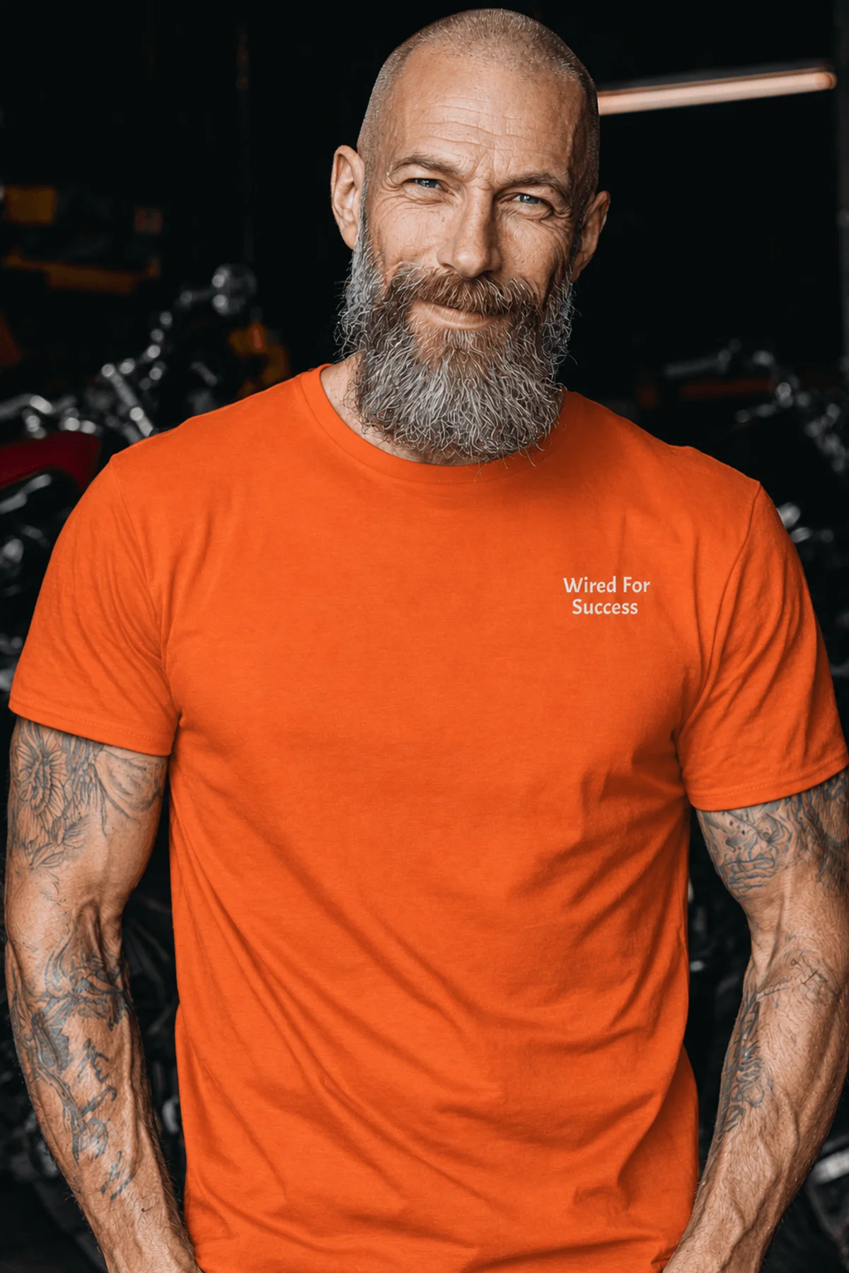 Funny Electrician Tech Tee - Back "I Make Bad Wiring Expensive" — Front "Wired For Success" Vintage Work Tee — orange — Model Funny Electrician Tech Tee - Back "I Make Bad Wiring Expensive" — Front "Wired For Success" Vintage Work Tee — orange t-shirt, model photo | Pressure Tested Co