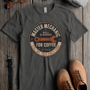 Mechanic T-Shirt — "Master Mechanic: Will Diagnose for Coffee" Retro Wrench Tee - Image 24