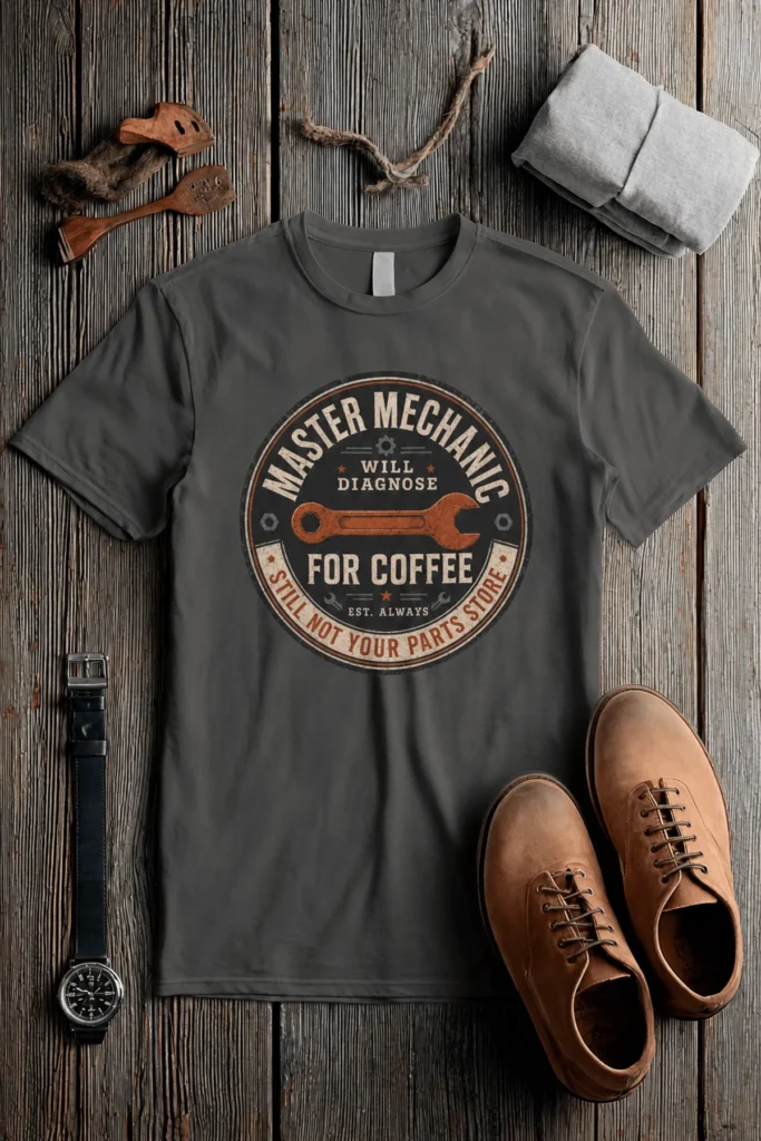 Mechanic T-Shirt — "Master Mechanic: Will Diagnose for Coffee" Retro Wrench Tee