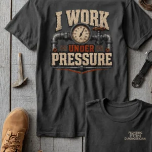 Funny Plumber Repair Graphic Tee "I Work Under Pressure" Back - "Plumbing Systems Diagnostician" Front — pepper t-shirt, flat-lay product photo | Pressure Tested Co