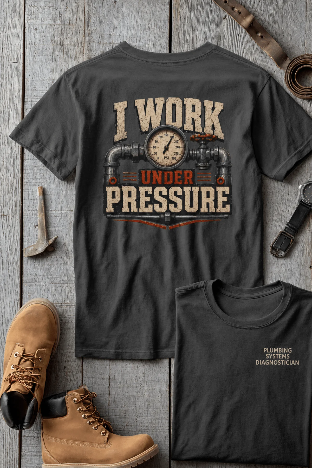 Funny Plumber Repair Graphic Tee "I Work Under Pressure" Back - "Plumbing Systems Diagnostician" Front — pepper t-shirt, flat-lay product photo | Pressure Tested Co