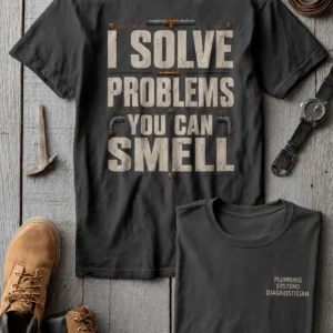 Funny Plumber Repair Graphic Tee "I Solve Problems You Can Smell" Back - "Plumbing Systems Diagnostician" Front — pepper t-shirt, flat-lay product photo | Pressure Tested Co