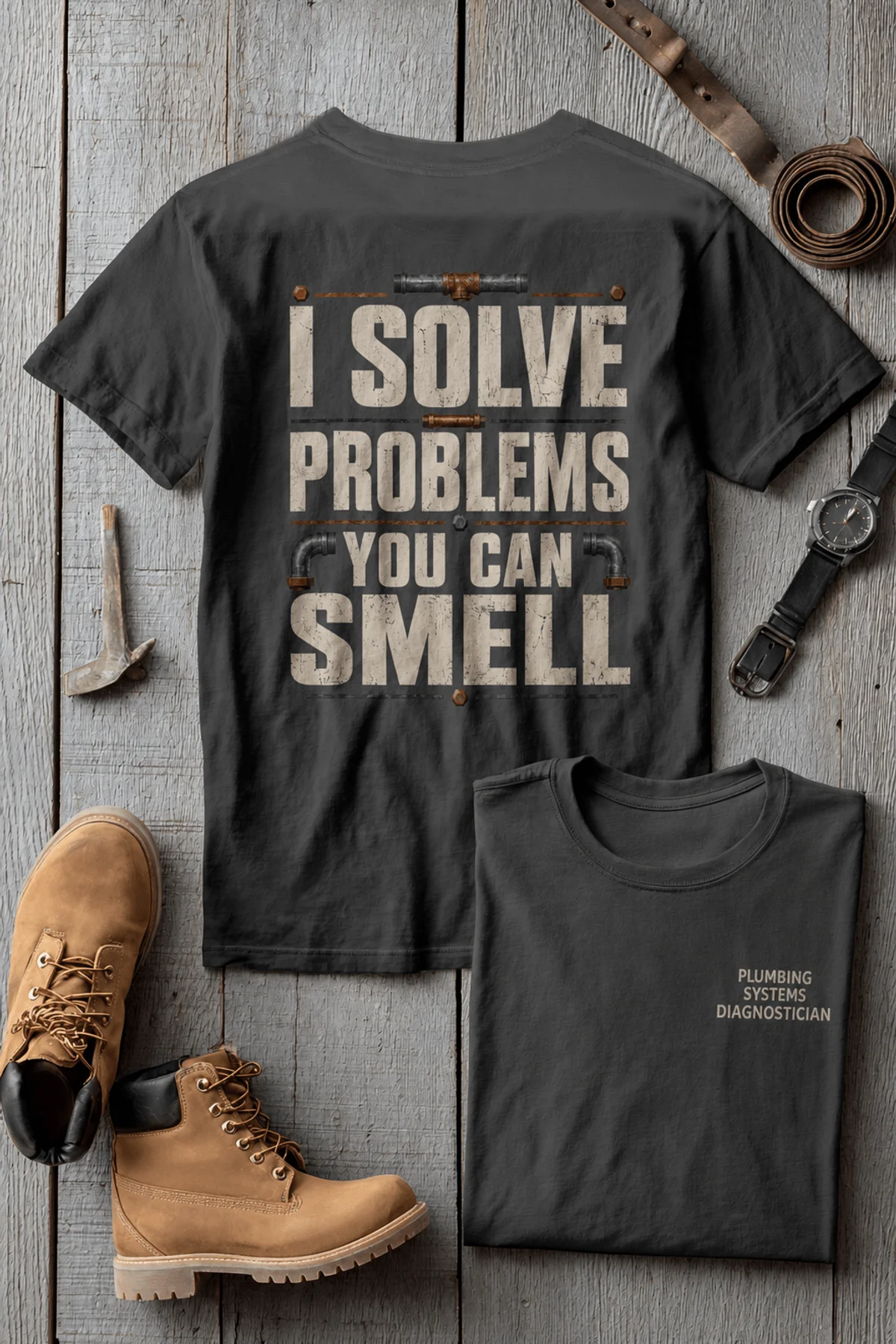 Funny Plumber Repair Graphic Tee "I Solve Problems You Can Smell" Back - "Plumbing Systems Diagnostician" Front — pepper — Flat-lay Funny Plumber Repair Graphic Tee "I Solve Problems You Can Smell" Back - "Plumbing Systems Diagnostician" Front — pepper t-shirt, flat-lay product photo | Pressure Tested Co