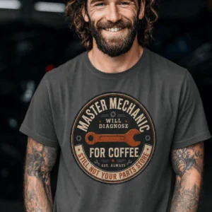 Mechanic T-Shirt — "Master Mechanic: Will Diagnose for Coffee" Retro Wrench Tee - Image 23