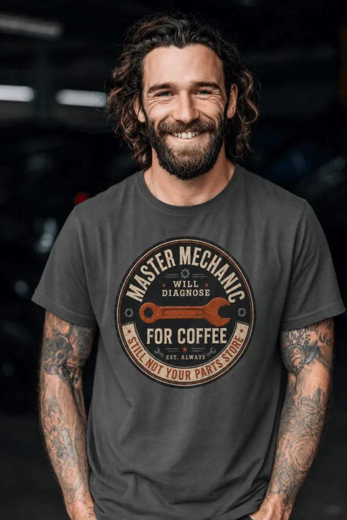 Mechanic T-Shirt — "Master Mechanic: Will Diagnose for Coffee" Retro Wrench Tee