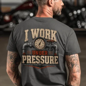 Funny Plumber Repair Graphic Tee "I Work Under Pressure" Back - "Plumbing Systems Diagnostician" Front — pepper t-shirt, model photo | Pressure Tested Co