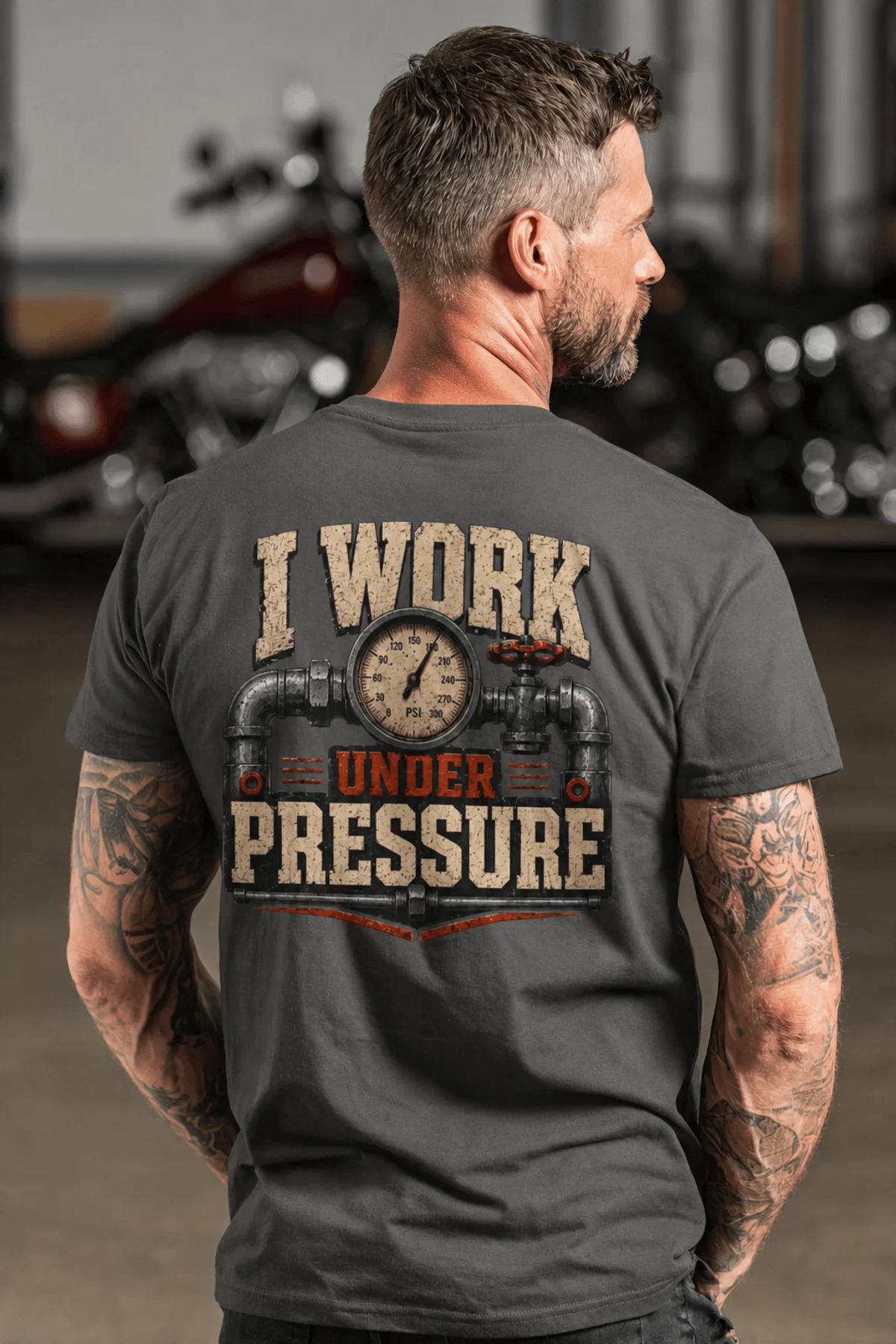 Funny Plumber Repair Graphic Tee "I Work Under Pressure" Back - "Plumbing Systems Diagnostician" Front — pepper t-shirt, model photo | Pressure Tested Co