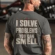 Funny Plumber Repair Graphic Tee "I Solve Problems You Can Smell" Back - "Plumbing Systems Diagnostician" Front — pepper — Model Funny Plumber Repair Graphic Tee "I Solve Problems You Can Smell" Back - "Plumbing Systems Diagnostician" Front — pepper t-shirt, model photo | Pressure Tested Co