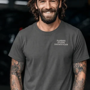 Funny Plumber Repair Graphic Tee "I Solve Problems You Can Smell" Back - "Plumbing Systems Diagnostician" Front — pepper t-shirt, model photo | Pressure Tested Co