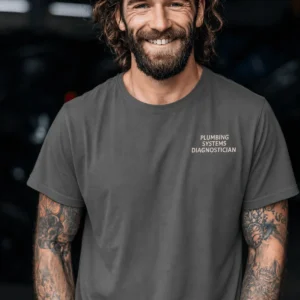 Funny Plumber Repair Graphic Tee "I Work Under Pressure" Back - "Plumbing Systems Diagnostician" Front — pepper t-shirt, model photo | Pressure Tested Co