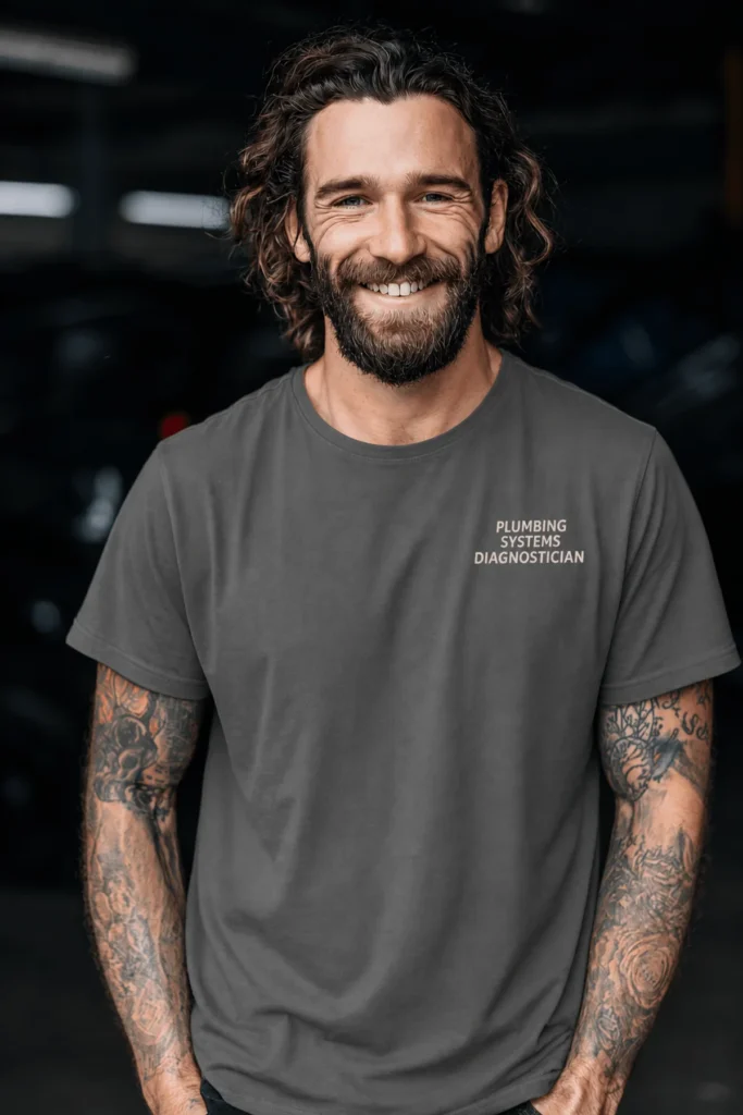 Funny Plumber Repair Graphic Tee "I Work Under Pressure" Back - "Plumbing Systems Diagnostician" Front — pepper t-shirt, model photo | Pressure Tested Co