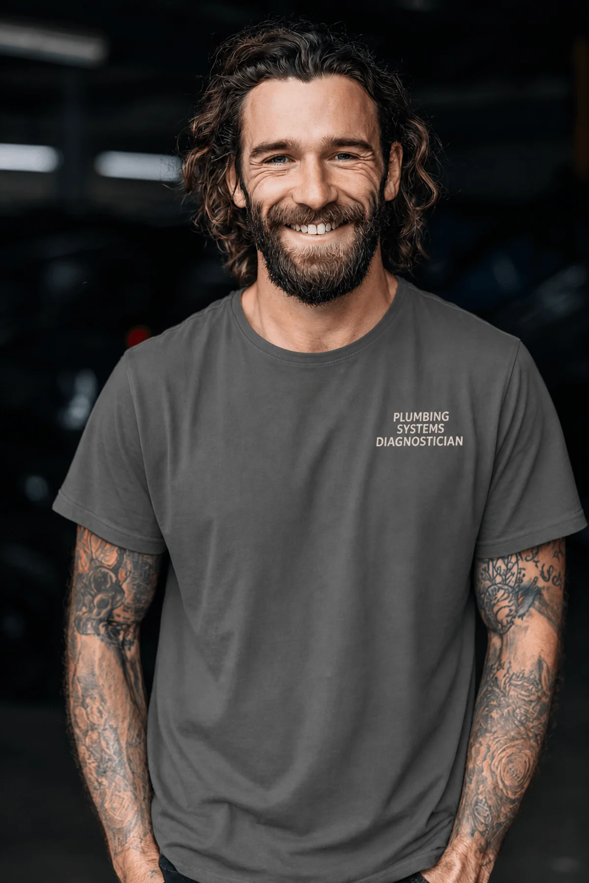 Funny Plumber Repair Graphic Tee "I Work Under Pressure" Back - "Plumbing Systems Diagnostician" Front — pepper t-shirt, model photo | Pressure Tested Co