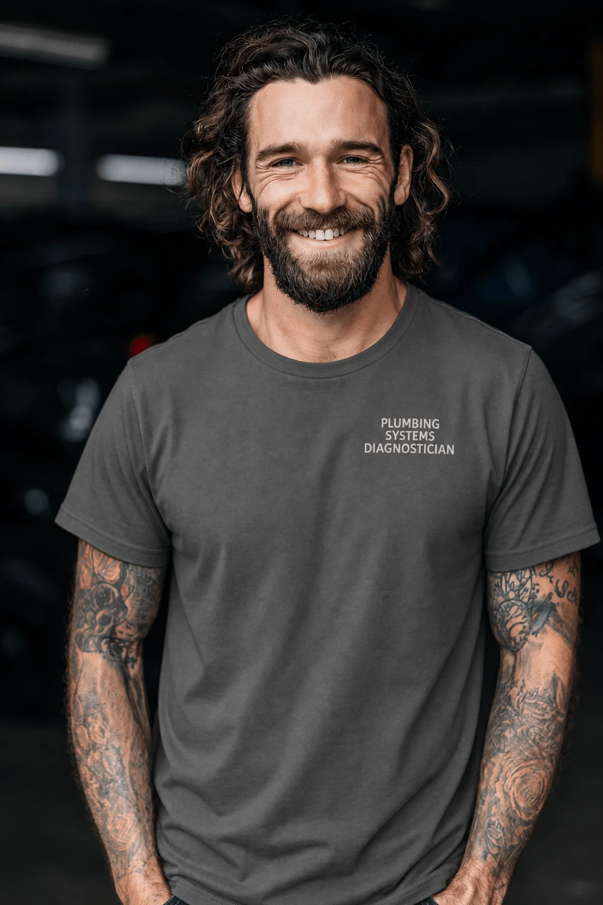 Funny Plumber Repair Graphic Tee "I Solve Problems You Can Smell" Back - "Plumbing Systems Diagnostician" Front — pepper — Model Funny Plumber Repair Graphic Tee "I Solve Problems You Can Smell" Back - "Plumbing Systems Diagnostician" Front — pepper t-shirt, model photo | Pressure Tested Co