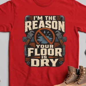 Plumber T‑Shirt – "I'm the Reason Your Floor Is Dry" Vintage Plumbing Tee — red t-shirt, flat-lay product photo | Pressure Tested Co
